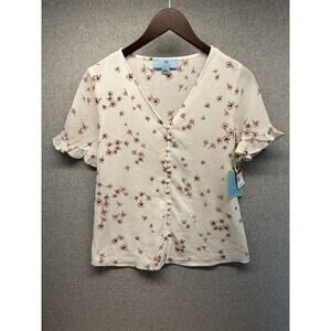 CeCe Womens Blouse Size XS White With Pink Flowers Button-Up NWT